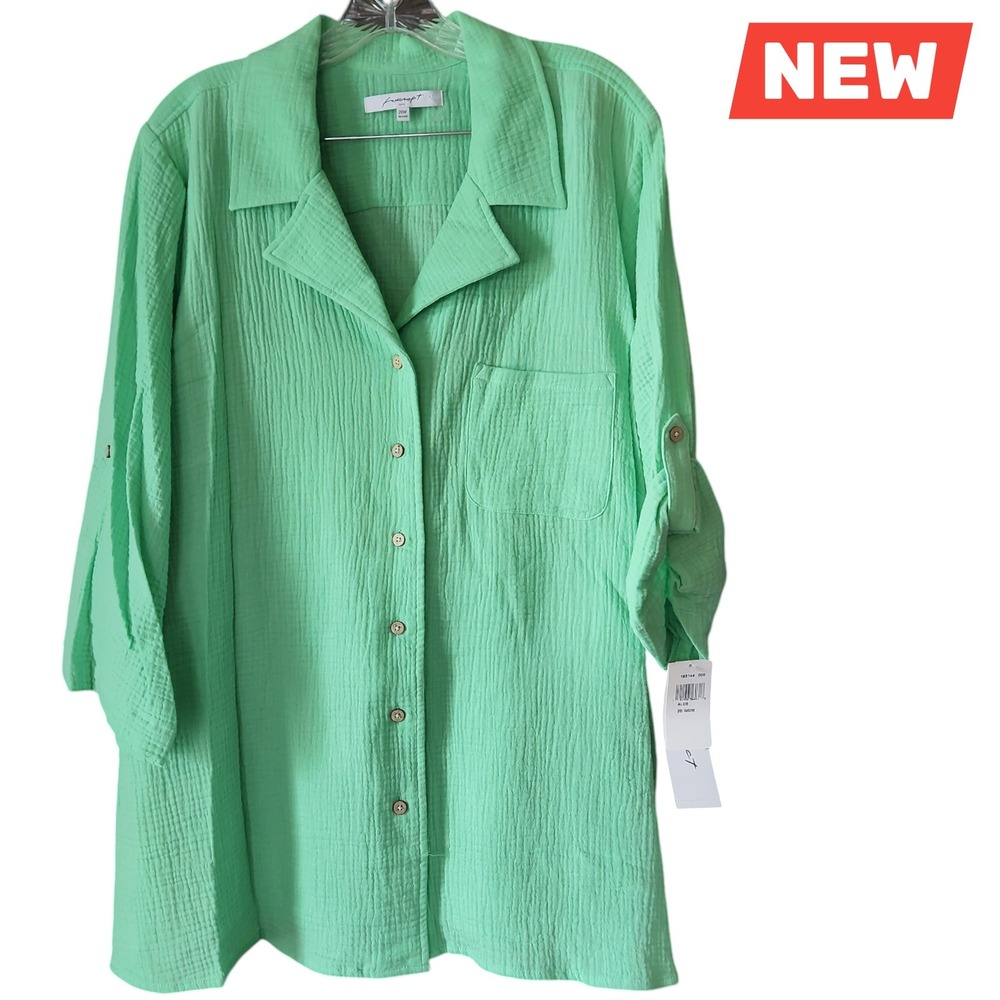 Foxcroft Women's 20W Relaxed Gauzy Long Sleeve Pucker Green Button up Tunic NWT